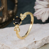 Round Black Onyx Promise Ring Bold Leaf Engagement Ring Six Claw Setting